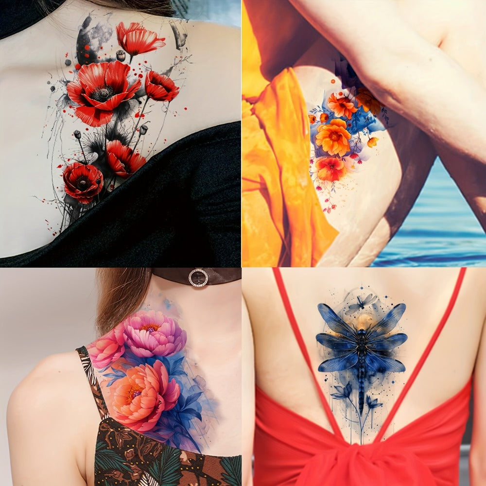 24-Sheet Watercolor Temporary Tattoo Set with Floral, Animal and Abstract Designs in 21 x 12 cm Format