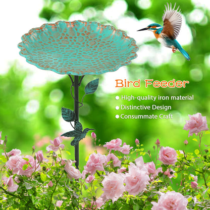 Green Sculpted Lotus-Leaf Bird Bath with 26 cm Bowl, 82 cm Ground Stake and Decorative Bird Perch