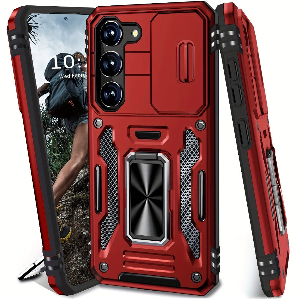 Samsung Galaxy Shockproof Magnetic Phone Case with 360° Rotating Ring Bracket & Sliding Lens Protector – Heavy Duty Cover for S24FE S23FE