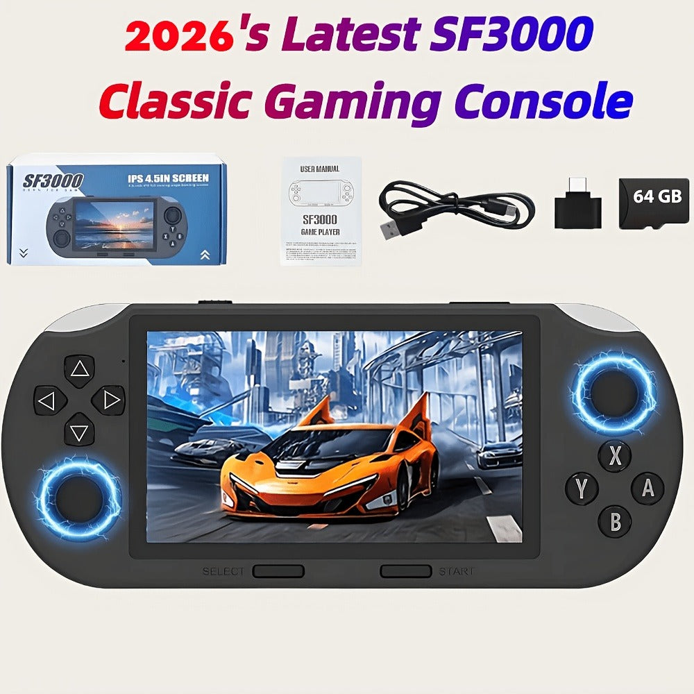 Handheld Game Console SF3000 Black Console with 4.5-Inch IPS Screen, 854x480, 64GB Options, 3000mAh Battery, Classic gaming console format