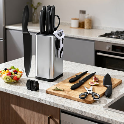 Stainless Steel Kitchen Knife Set Chef Knife Damascus Black Knife Block for Home Cooking, Dining and Outdoor Meals