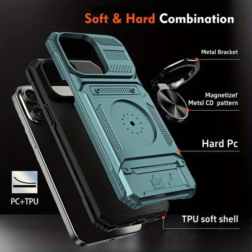 iPhone Card Slot Shockproof Case with Ring Holder & Kickstand – Wallet Phone Cover for iPhone 17 17 Air 17 Pro Max 16 15 14 13 12 11 Pro Max