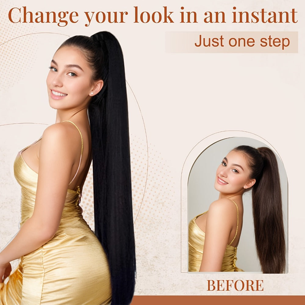 Hair Extensions Straight 34-Inch Synthetic Ponytail with Ribbon Wrap and Five Mixed or Natural-Tone Colors
