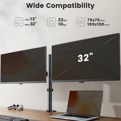 Adjustable Dual Monitor Arm for 13-32 Inch Screens, VESA 75x75/100x100mm, 45° Tilt 90° Swivel 360° Rotation
