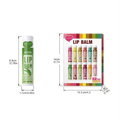 12-Piece Tube Lip Balm Set with 12 Pictured Fruit and Botanical Flavor Labels in a Display Box