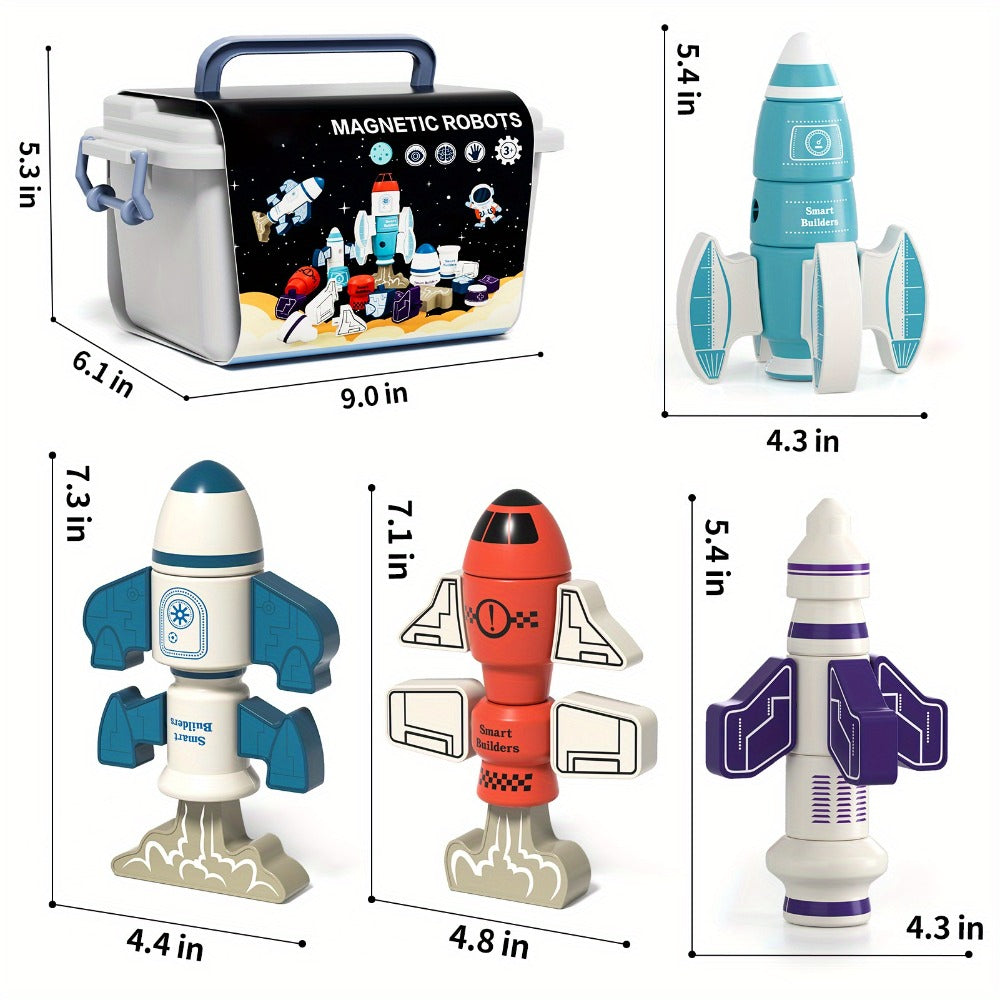 Magnetic Robot Building Toy for Kids Ages 3-5, 33-Piece STEM Stacking Playset with Storage Box, Rocket Robot & Monster Styles