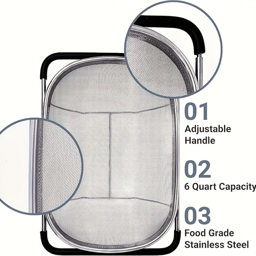 Stainless Steel Colander Expandable Fine Mesh Drain Basket Strainer for Vegetables Fruits for Home Cooking, Dining and Outdoor Meals