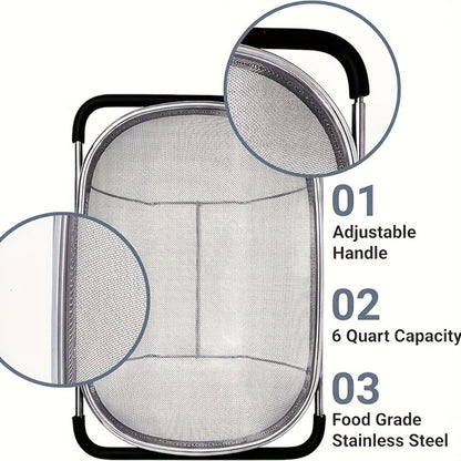 Stainless Steel Colander Expandable Fine Mesh Drain Basket Strainer for Vegetables Fruits for Home Cooking, Dining and Outdoor Meals