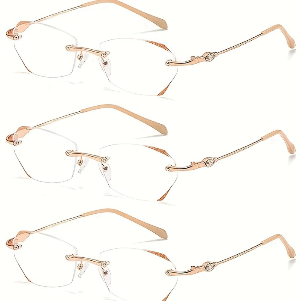 Reading Glasses – Three-Pair Rimless Metal Readers in Multiple Colors and Strengths with Multiple Strength and Color Options