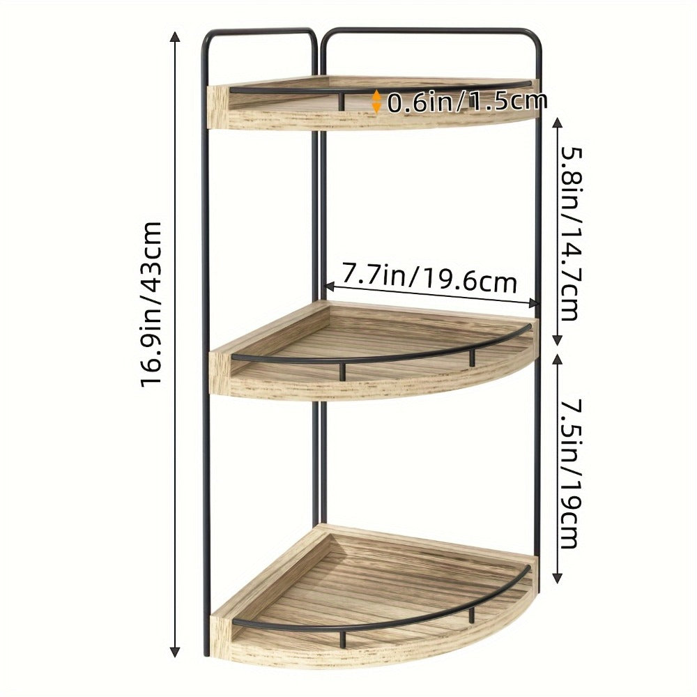 3-Layer Rustic Corner Countertop Storage Rack, 16.93" Wooden Vanity Organizer & Space-Saving Shelf for Bathroom