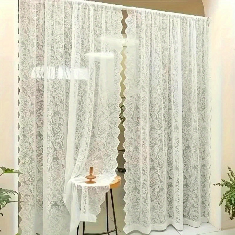 Sheer Curtain Rod Pocket Floral Lace Semi-Sheer Window Panel for Living Room Bedroom Kitchen Bathroom, 100% Polyester, Machine Washable