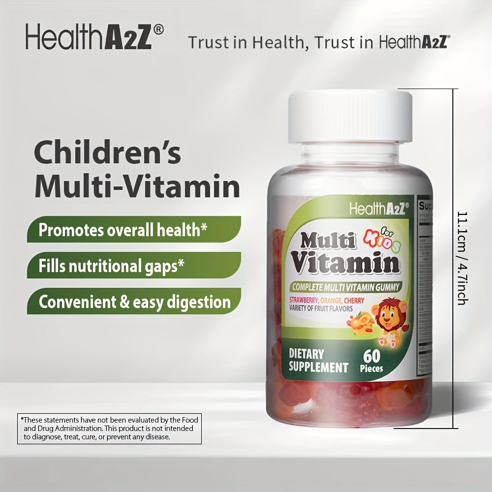 Kids Multivitamin Gummies 60ct with D3, Vitamins A, C, E, B6, B12, Folic Acid, Zinc & Choline for Brain