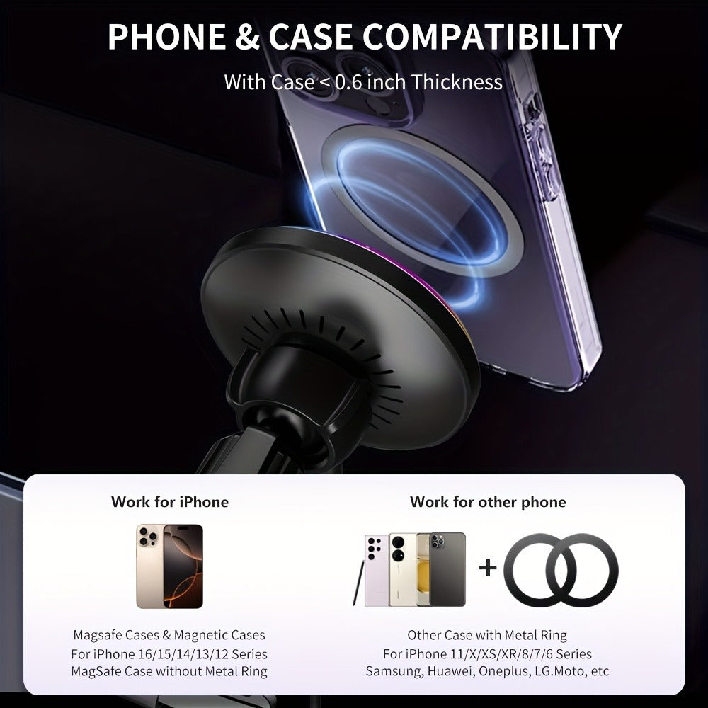 Wireless Car Charger with USB-C Adapter Included 15W Magnetic Vent Dashboard Phone Mount for iPhone 17 16 15 14 13 12 Pro Max
