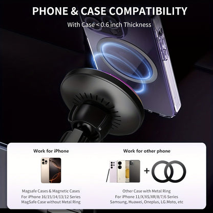 Wireless Car Charger with USB-C Adapter Included 15W Magnetic Vent Dashboard Phone Mount for iPhone 17 16 15 14 13 12 Pro Max