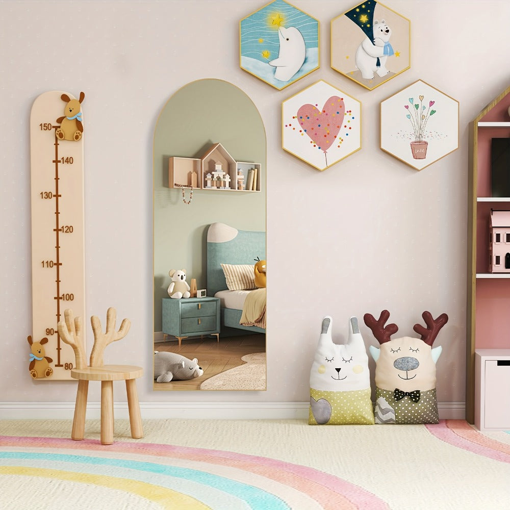 Full Length Mirror 59"x16" Arched Leaning Wall Mirror, Aluminum Alloy Thin Frame, Vertical or Tilted, Black & Gold