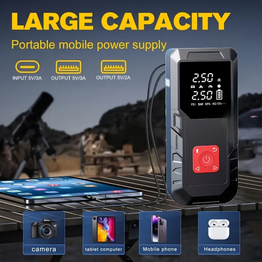 Portable Car Jump Starter 10000A – 9-in-1 Battery Booster with 350PSI Tire Inflator, LED Light, USB-C Fast Charging