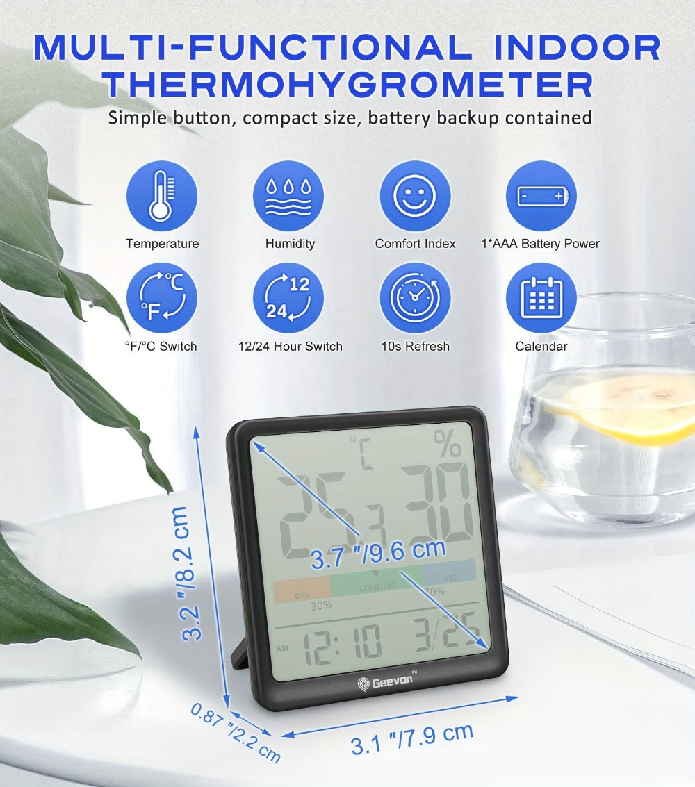 Indoor Thermometer Hygrometer Digital | Accurate Temperature Humidity Monitor with Clock & Calendar | Desktop Room Humidity Gauge for Home