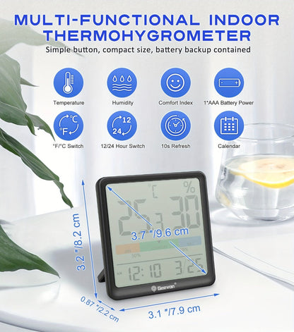 Indoor Thermometer Hygrometer Digital | Accurate Temperature Humidity Monitor with Clock & Calendar | Desktop Room Humidity Gauge for Home