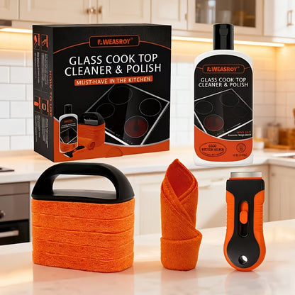 Glass Stove Top Cleaner Kit 12oz Non-Abrasive No Scratch Cooktop Cleaner and Polish Removes Tough Grease Stains 9-Piece Set with Scrubbing
