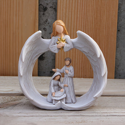 Nativity Scene Statue - Holy Family & Angel White Resin Figurine, Beautifully Crafted Religious Decor for Christmas