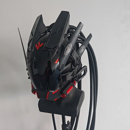 LED Cyberpunk Samurai Mask with Braids, Futuristic Sci-Fi Mechanical Face Mask for Halloween, Cosplay