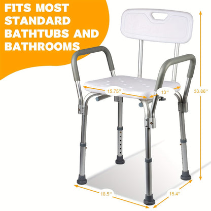 Shower Chair with Armrests & Backrest, Height Adjustable Aluminum Bath Seat, Rubber Feet, Cushioned Support for Elderly
