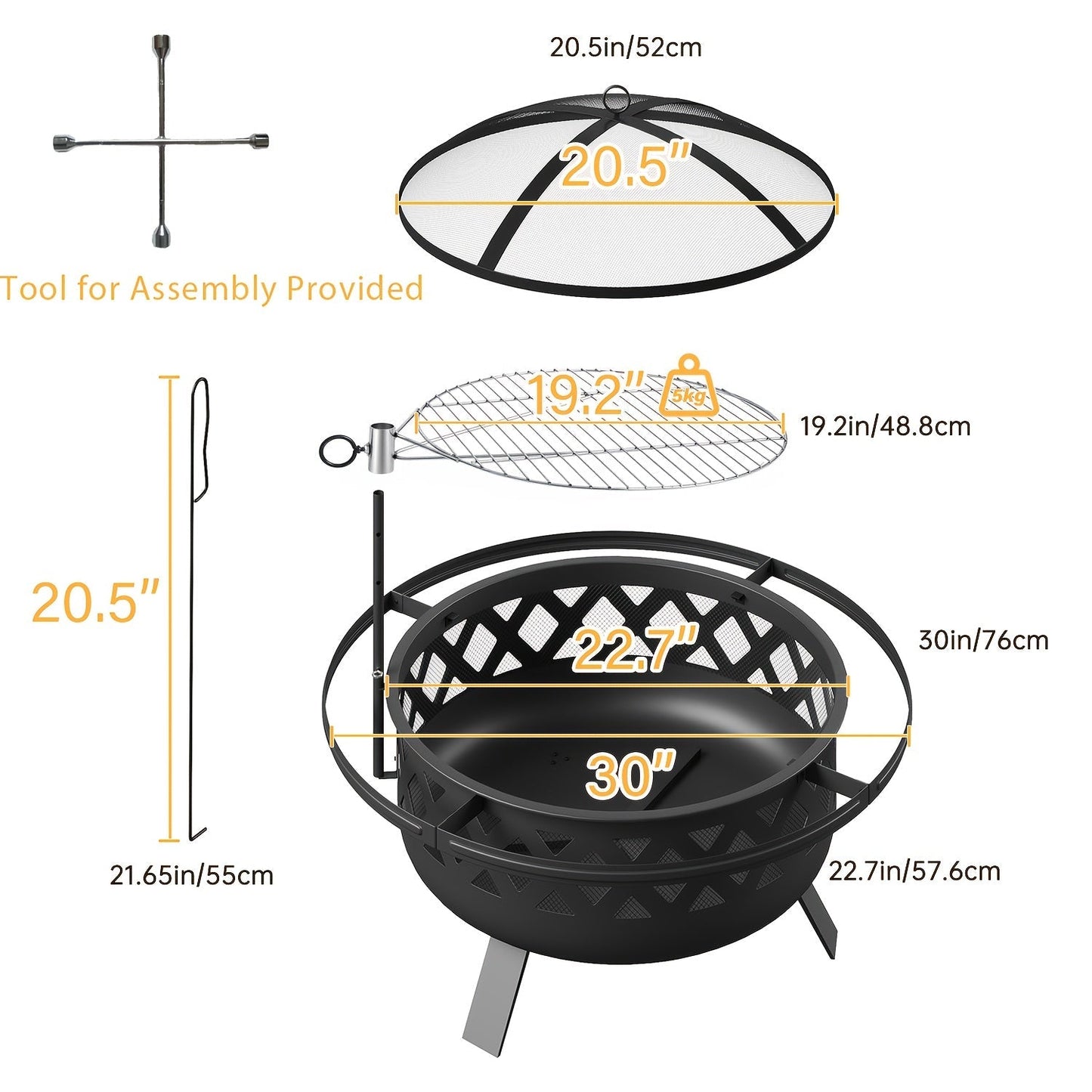 30-Inch Steel Wood-Burning Fire Pit with Grill Grate, Mesh Spark Screen, Poker and Diamond-Cut Bowl Design