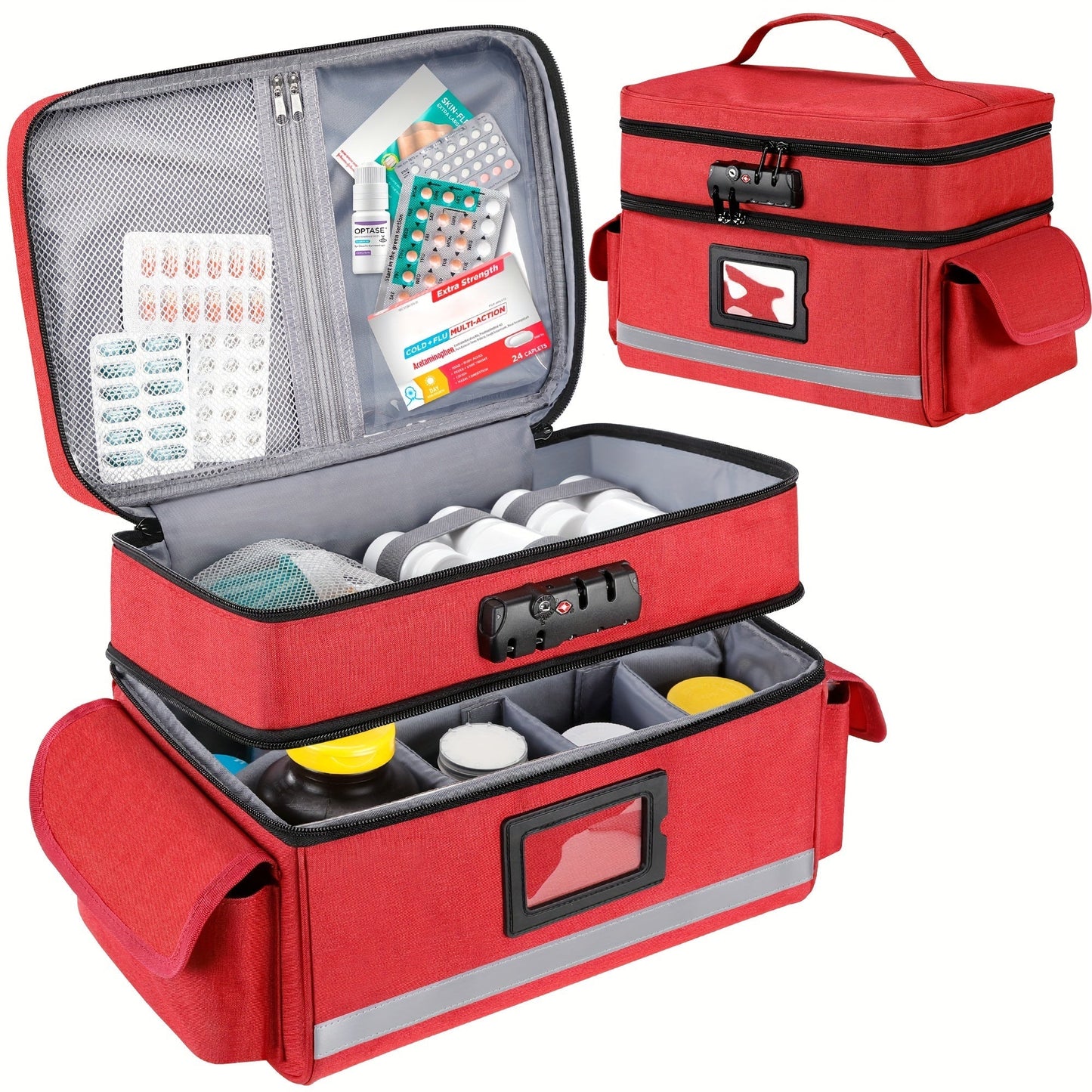Lockable Medicine Organizer Bag with Combination Lock, Double-Layer Large Capacity Pill Bottle Storage Case for Prescription Bottles First