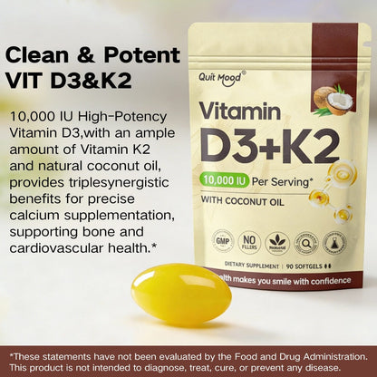 Vitamin D3 10000 IU + K2 MK-7 200mcg Softgels 90 Count with Extra Virgin Coconut Oil for Bath Time, Home Spa and Personal Care