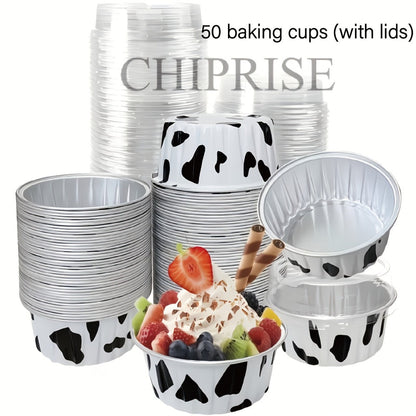 Aluminum Foil Baking Cups with Lids, Disposable Cupcake Molds with Spoons, Foil Dessert Cups for Pudding Muffins Mousse