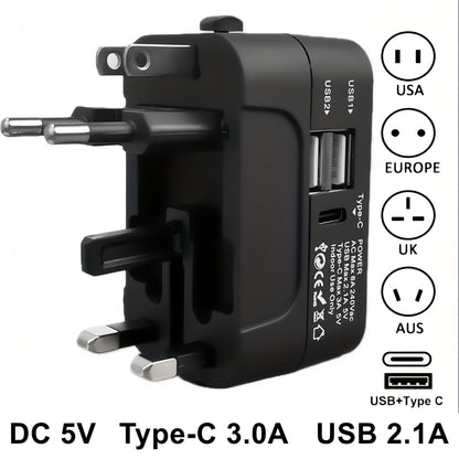 Universal Travel Adapter with Surge Protection - 2 USB & Type-C Ports, All-in-One International Plug for 350+ Countries