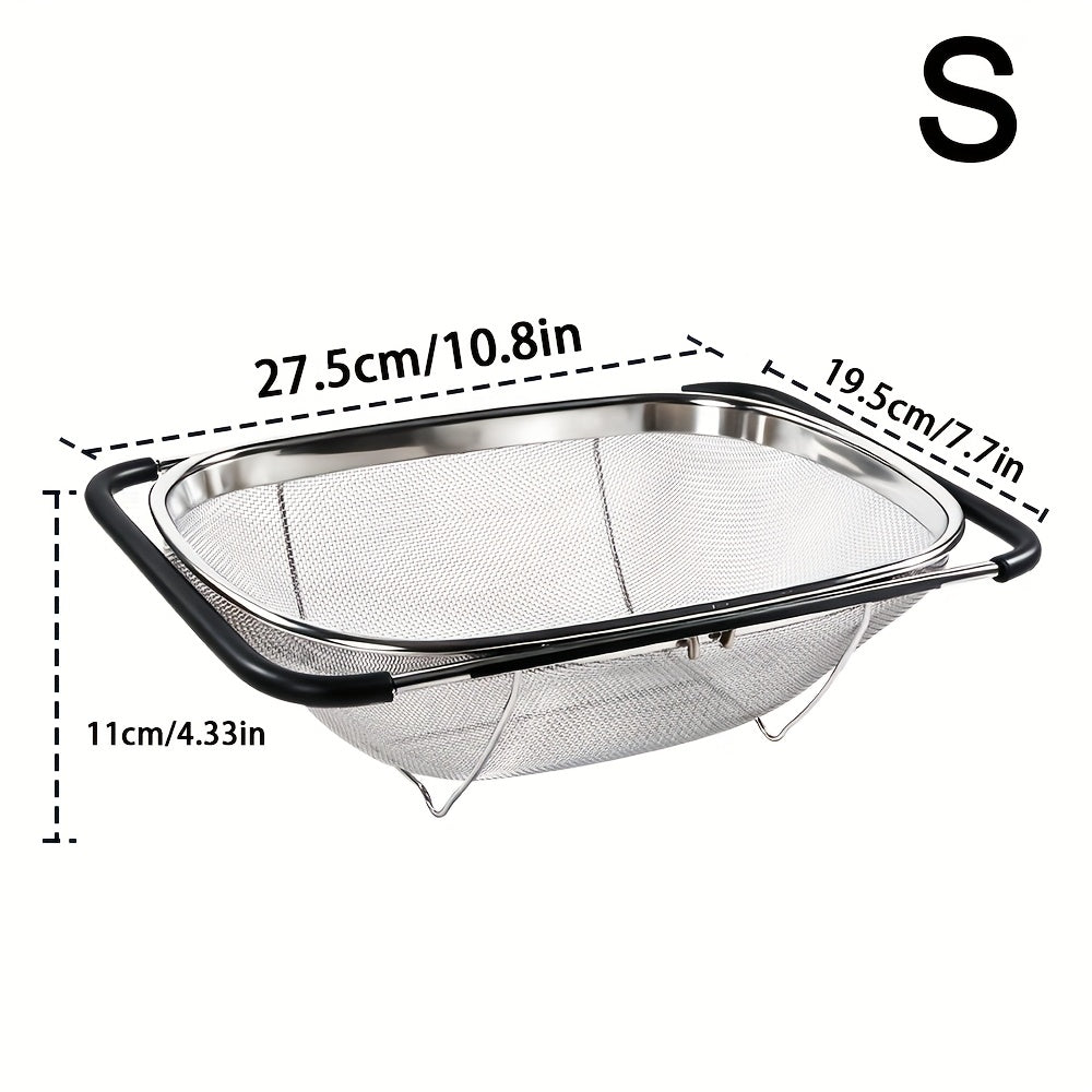 Expandable Sink Colander Stainless Steel, Over the Sink Strainer Basket with Fine Mesh & Rubber Grip
