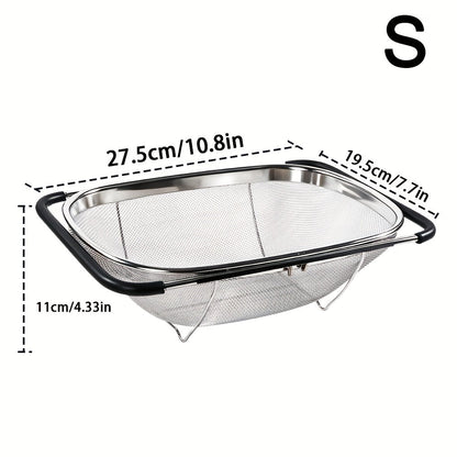 Expandable Sink Colander Stainless Steel, Over the Sink Strainer Basket with Fine Mesh & Rubber Grip