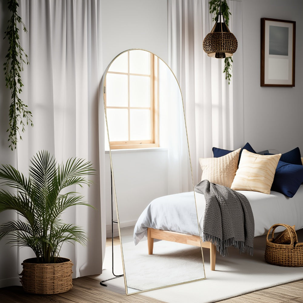 Full Length Mirror Floor Standing, Arched & Rect Body Mirror with Stand, Hanging or Leaning Wall Mirror, Aluminum Alloy Thin Frame