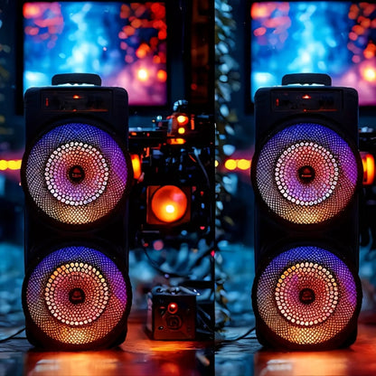 Dual 8.5" Subwoofer Party Speaker 6000W with RGB Lights | Portable Wireless Bluetooth 5.0, TWS Stereo Pairing, FM Radio, Built-in Mic