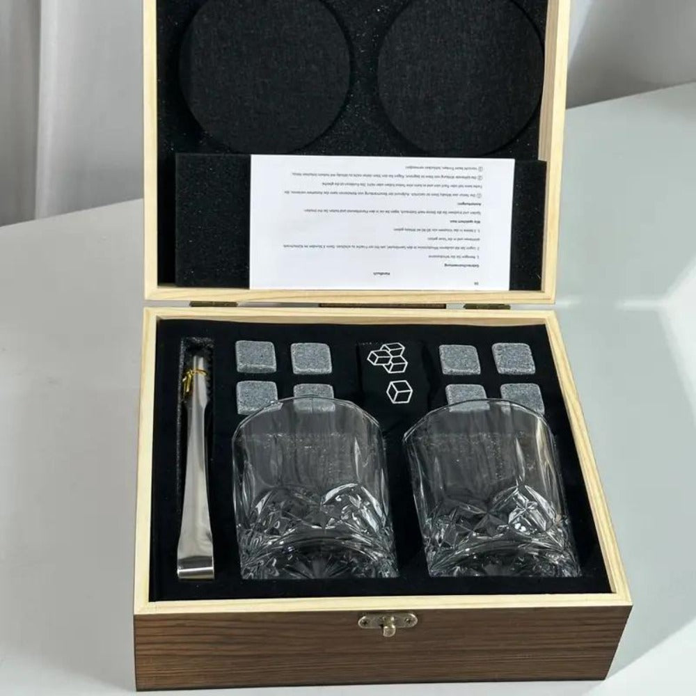 Whisky & Wine Glass Set with Cooling Stones, Ice Tong & Bartender Kit, Portable Bar Accessories for Luxurious Drinking Experience