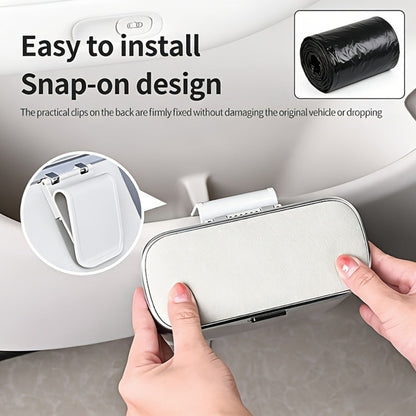 Slim Beige Car Trash Bin with Push Lid, Snap-On Mount, 17.1 cm Width and Included Liner Bags
