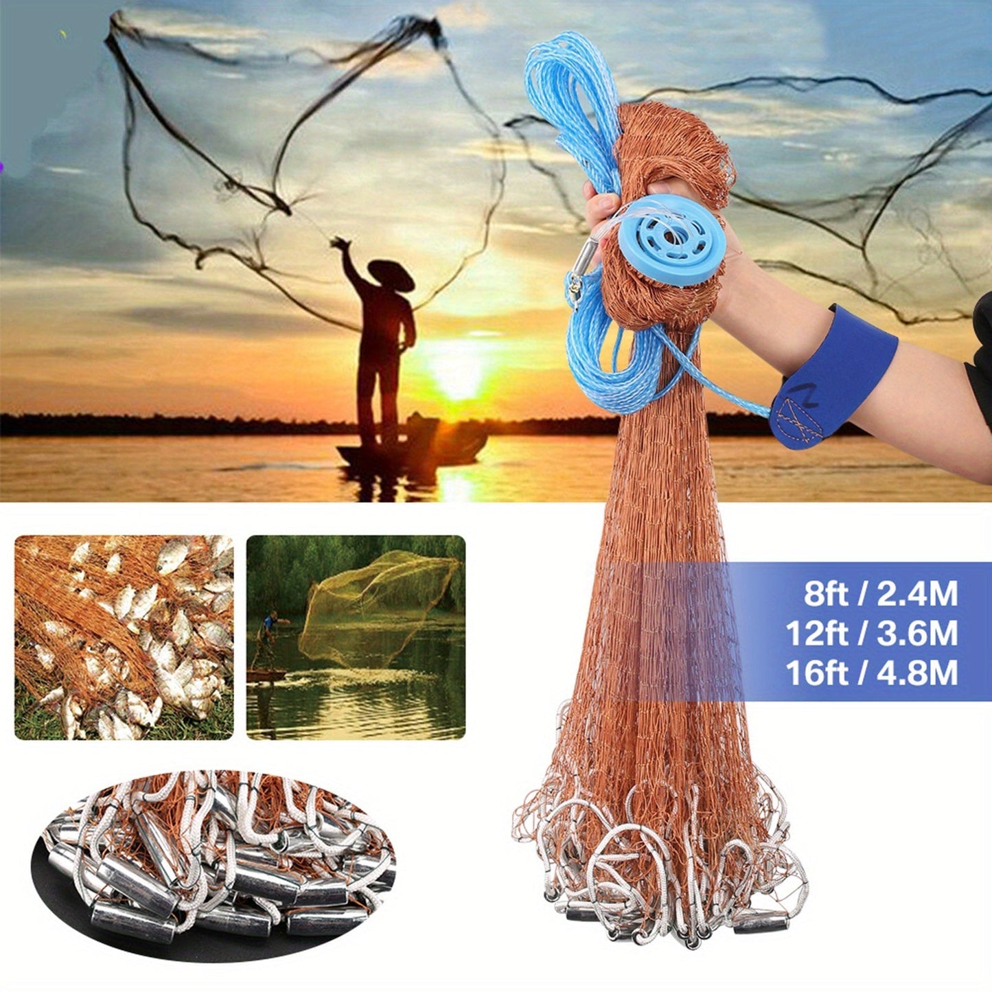 Saltwater Casting Net Set with Fish Basket – 12-Foot Diameter, 0.12" Mesh, Heavy-Duty Zinc-Plated Lead Sinkers for Rapid Sinking