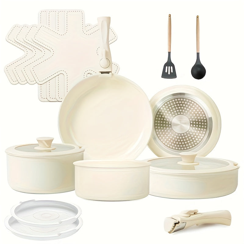 Ceramic-Coated Cookware Set with 17 Pieces, Detachable Handles, Pots, Pans, Lids and Cream Finish