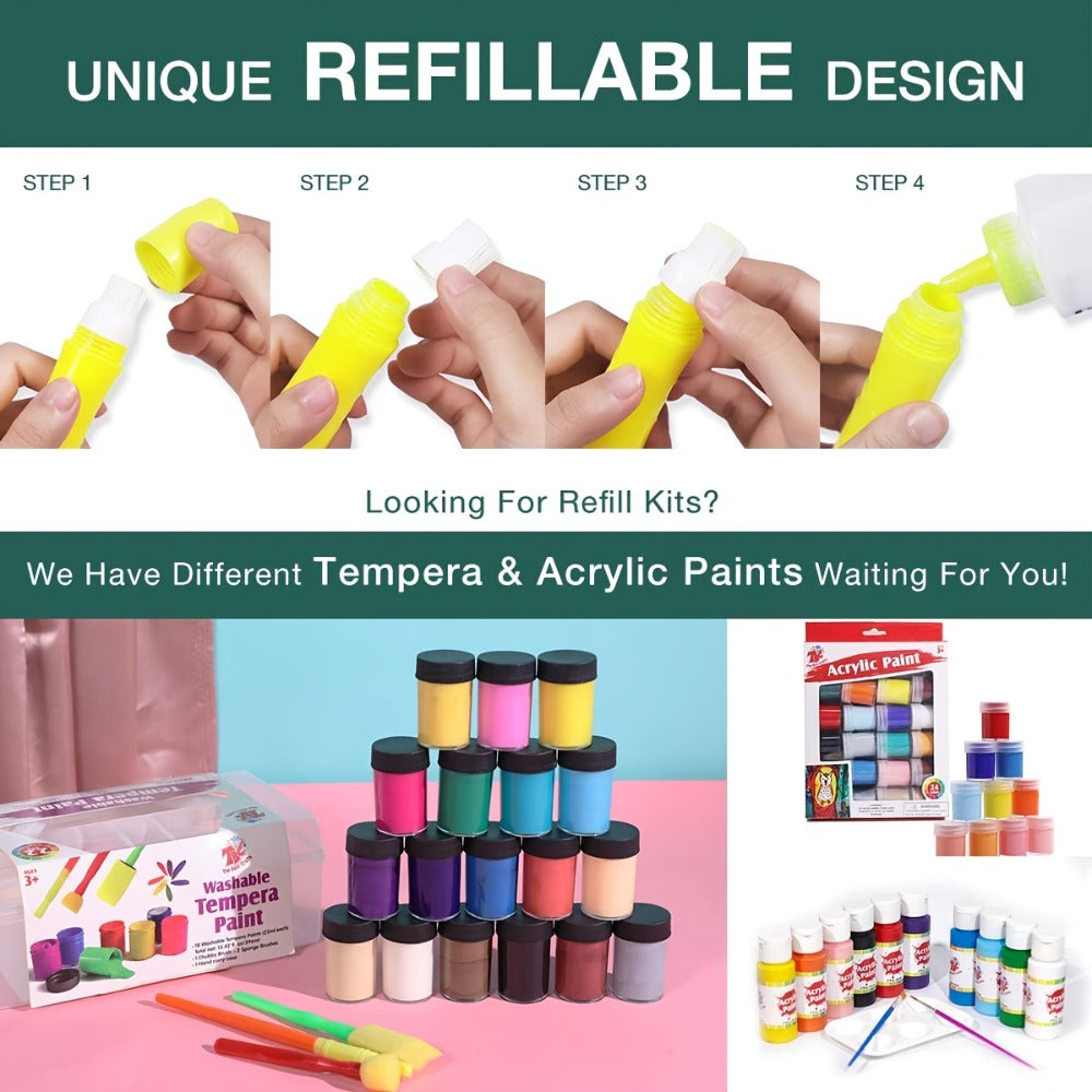 12-Color Neon Squeezable Tempera Paint Brush Pen Set with 24 ml Source Fill Labels and Tray