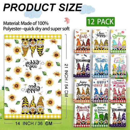 Twelve-Piece Seasonal Gnome Kitchen Towel Set, 14 x 21 Inches Each with Spring-to-Winter Prints