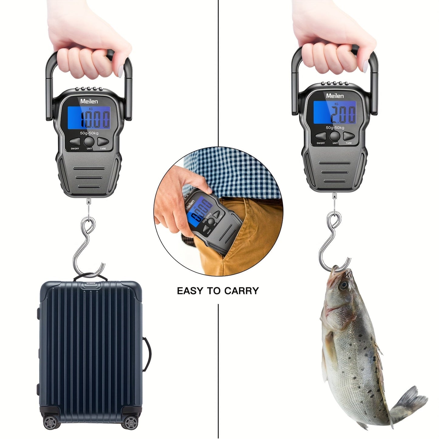 Digital Fishing Scale 50kg 110lb Portable Handheld Fish Scale with LCD Backlight & Built-in Measuring Tape