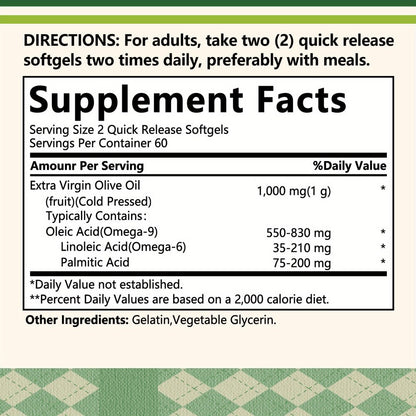 Extra Virgin Olive Oil Capsules 120 Softgels with Omega-9 Omega-6 & Palmitic Acid for Bath Time, Home Spa and Personal Care