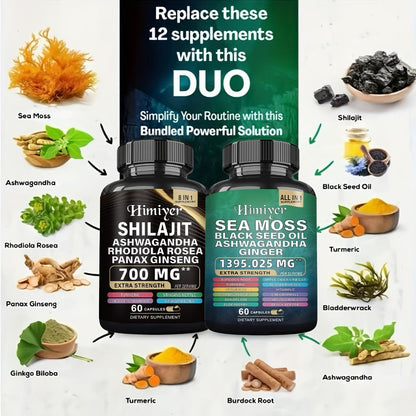 Dietary Supplement Six-Bottle Bundle with Himiyer Label, Sea Moss and Shilajit 60-Capsule Formulas