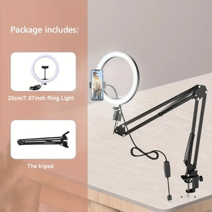 7.87-Inch LED Ring Light with Articulating Desk Clamp Arm, Phone Holder and USB Inline Control