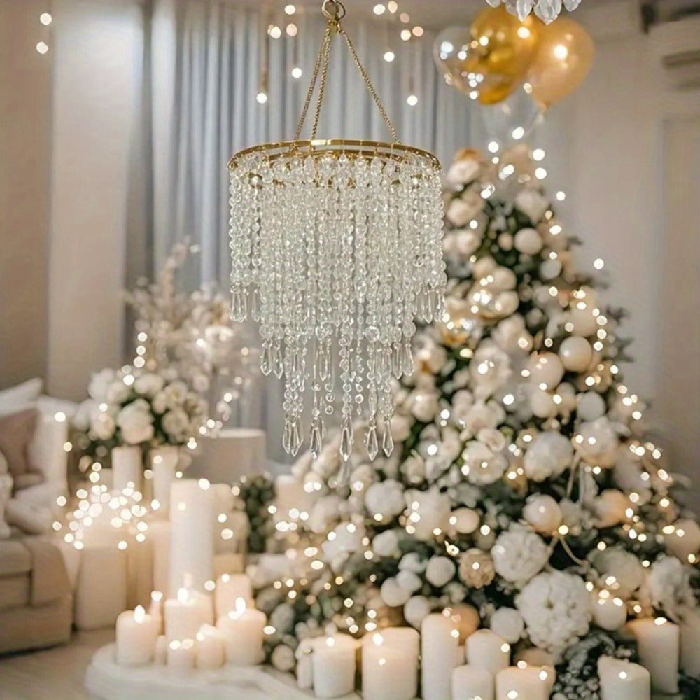 Crystal Beaded Chandelier Lampshade Acrylic Sparkling Droplets Elegant Ceiling Light Fixture for Entryways, Bedrooms and Living Spaces