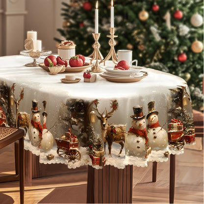 Tablecloth with Snowman, Reindeer and Christmas Tree Print in Round, Oval and Rectangle Sizes