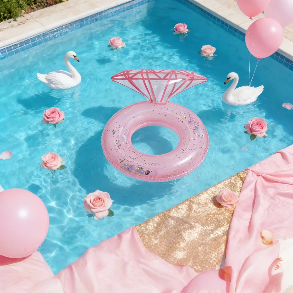 Giant Engagement Ring Pool Float, 49 x 31-Inch Inflatable in Gold, White or Pink for Bridal Pool Parties