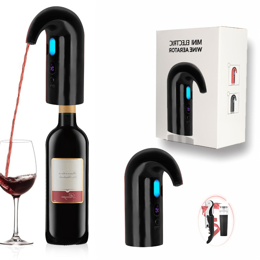 Electric Wine Aerator and Dispenser with Red or Black Housing, Three Checkout Configurations and Pictured Accessories