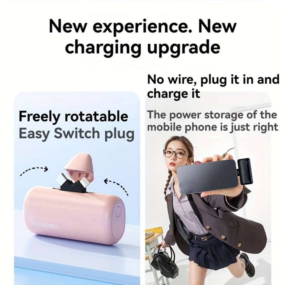 Power Bank 5000mAh Mini with Built-In 2-in-1 Lightning/USB-C Plug and 18.5W Listed Output in Black or Pink